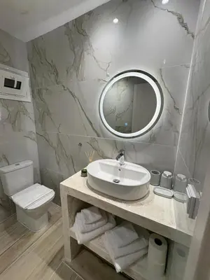a bathroom with a sink and a toilet and a mirror at MariAnthi Apartment in Kremasti