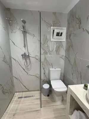 a bathroom with a shower and a toilet at MariAnthi Apartment in Kremasti