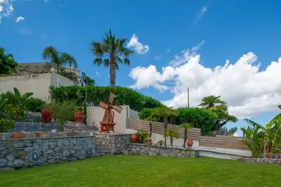a garden with a retaining wall and a palm tree at Villa Arianna in Kalathos