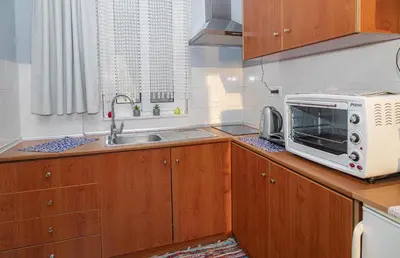 a kitchen with a microwave and a sink at Barbara's Apartments in Vrachonisída touArchangélou