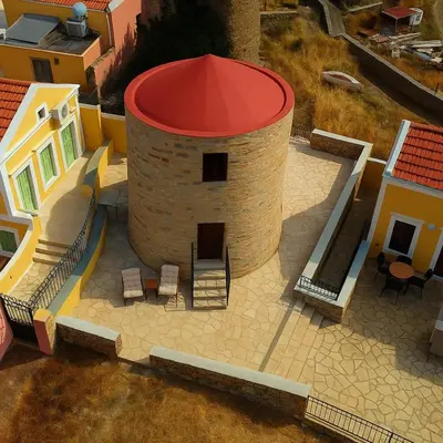 a model of a building with a red roof at Wuthering Mill in Symi