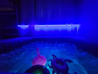 a swimming pool with three animals in it with blue lights at My Summerhouse with jacuzzi in Kremasti