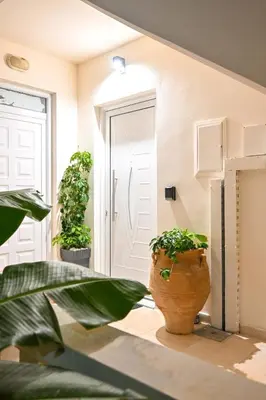 a room with two potted plants in front of a door at Harmony Studio Apartment in Ialyssos
