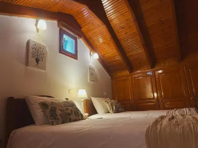 a bedroom with two beds and a wooden ceiling at Margo Traditional House in Symi