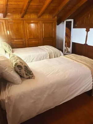 two beds in a room with wood paneling at Margo Traditional House in Symi