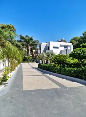 a white house with palm trees and a walkway at Casa di Jiovanni Luxury in Asgourou
