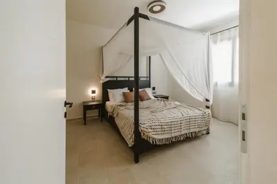 a bedroom with a four poster bed with a canopy at Pura Vida Beach House in Kiotari