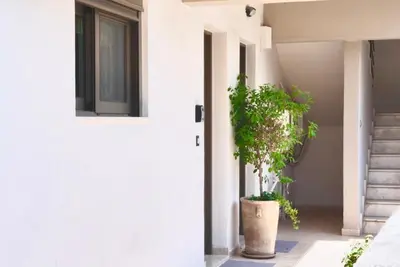 a white house with a potted plant next to a door at Casa Stefania in Faliraki