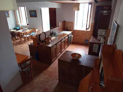 an aerial view of a kitchen and dining room at MAÏA's House in Symi