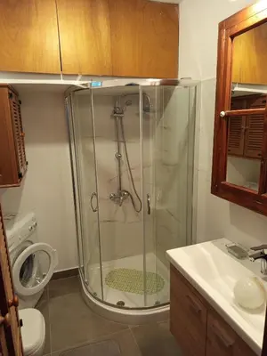 a bathroom with a shower and a toilet and a sink at MAÏA's House in Symi