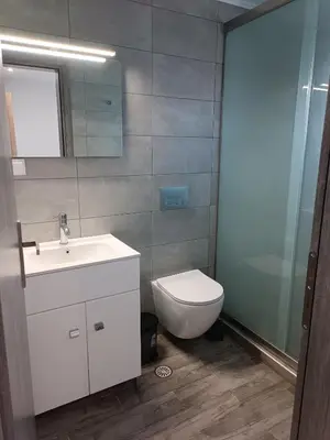 a bathroom with a toilet and a sink and a mirror at Platanou 21 Apartments in Kremasti