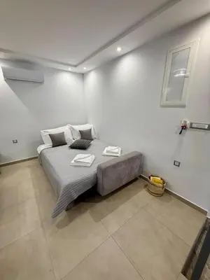 a bedroom with a large bed in a white room at Charistella Apartment in Symi
