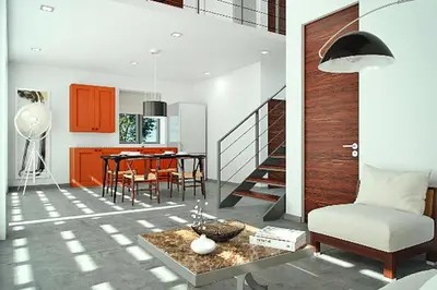 a living room with a table and a chair at Semi-detached house with private pool in Lardos