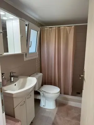 a bathroom with a white toilet and a sink at The Wooden Nest in Asgourou