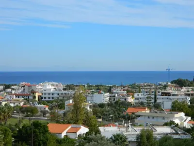 a city with buildings and the ocean in the background at Telhinis Hotel & Apartments in Faliraki