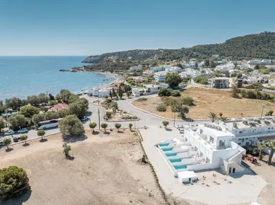 an aerial view of a resort and the ocean at Kathara bay Studios in Faliraki
