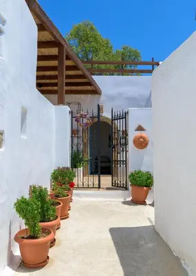 a group of potted plants in front of a gate at White House 1871 in Lachania