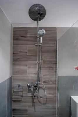 a shower in a bathroom with a wooden wall at Dorothea Apartments #1 with sea view in Koskinou