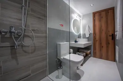 a bathroom with a shower and a toilet and a sink at Dorothea Apartments #1 with sea view in Koskinou
