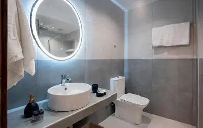 a bathroom with a sink and a toilet and a mirror at Dorothea Apartments #2 with garden view in Koskinou