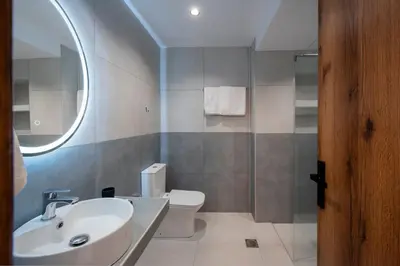 a bathroom with a sink and a toilet and a mirror at Dorothea Apartments #2 with garden view in Koskinou