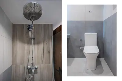 two pictures of a bathroom with a toilet and a shower at Dorothea Apartments #2 with garden view in Koskinou