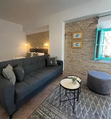 a living room with a blue couch and a brick wall at My Symi Apartments in Symi