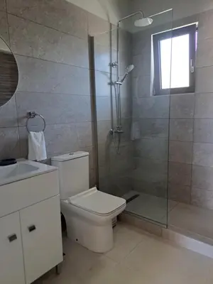 a bathroom with a toilet and a glass shower at Giannis Apartment in Afantou