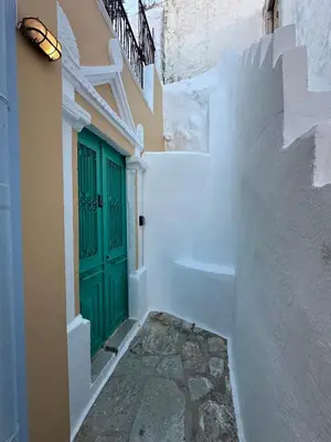 a green door on the side of a white building at Lindiakos Villa AMI in Symi
