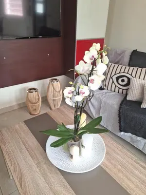 a vase of flowers on a table in a living room at Villa Maria in Haraki