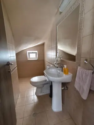 a bathroom with a sink and a toilet and a mirror at Villa Agapi in Pastida
