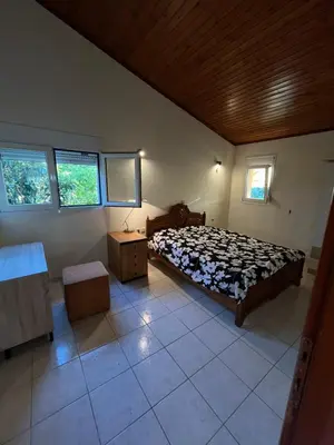 a bedroom with a bed in a room with windows at Aparment in a country house in Ialyssos