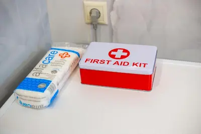 a box of first aid kit next to a bottle of first aid kit at LiRa in Kremasti