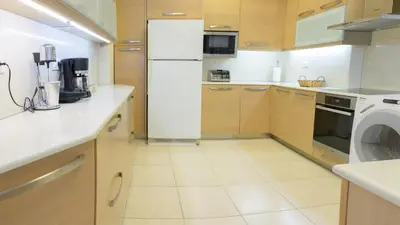 a kitchen with a refrigerator and a washing machine at Harmony House in Faliraki