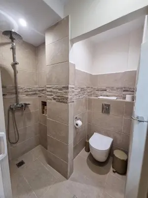a bathroom with a toilet and a shower at Rhodes Port Stories in Rhodes Town