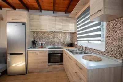 a kitchen with a stainless steel refrigerator and a sink at Garden Olive Luxury Villa in Archangelos