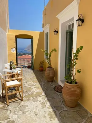 a patio with potted plants and a table and chairs at ALEMINAS House 2 in Symi