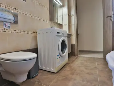 a bathroom with a toilet and a washing machine at Bliss Sunrise Penthouse in Asgourou