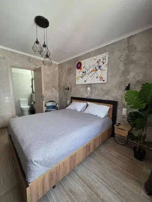 a bedroom with a bed and a potted plant at Canvas at Koskinou 2 in Koskinou