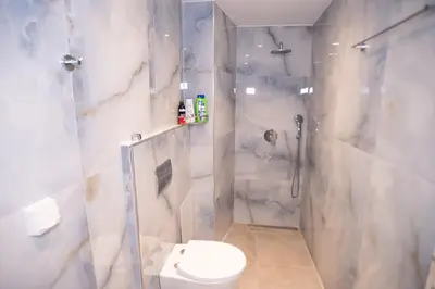 a white bathroom with a toilet and a shower at Sinani Villa - Garden Oasis with Private Pool in Kolimbia