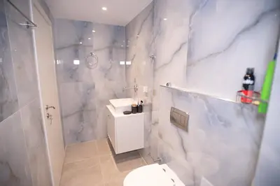 a bathroom with a white toilet and a shower at Sinani Villa - Garden Oasis with Private Pool in Kolimbia