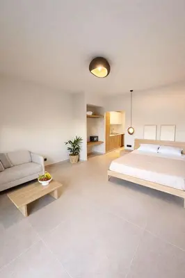 a bedroom with a large bed and a couch at Marev Nature & Luxury Suites -Private Jacuzzi in Ialyssos