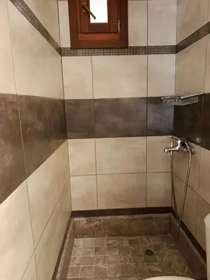 a bathroom with a shower with a toilet at Doukissa's Apartment in Symi