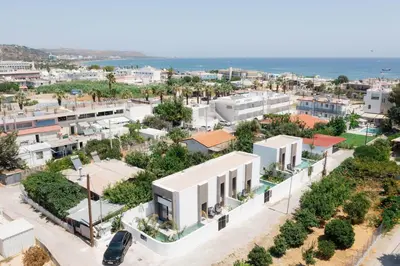 an aerial view of a city with buildings at Three Doors Villa Complex in Faliraki