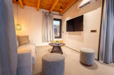 a living room with a couch and a tv at Etheras 2 - Holiday Apartments in Asgourou