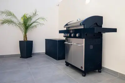 a grill in a room with a palm tree at Paradissia Luxe Villa with Private Swimming Pool in Paradeísion