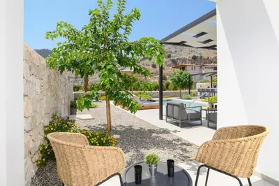 a patio with a table and chairs and a tree at Villa Zen Zazan by Villa Plus in Kolimbia