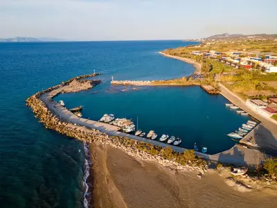 an aerial view of a marina with boats in the water at Villa Ramann, Rhodes in Rhodes Town