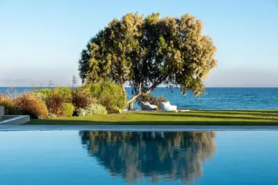 a tree sitting next to a body of water at Villa Ramann, Rhodes in Rhodes Town