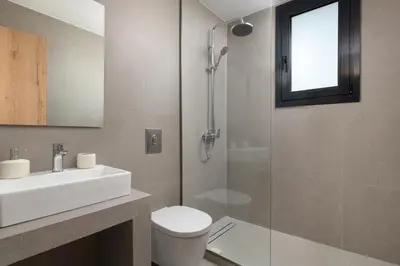 a bathroom with a toilet and a sink and a shower at Davlakos Apartments Rea in Kremasti